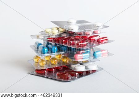 Too Many Different Pill Cartridges Stacked. Selective Focus. Packs Of Blister Pills With Tablets. Co