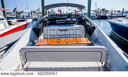 NORWALK, CT, USA - SEPTEMBER 23, 2022: 2021 Fairline F33 Line boat at Progressive Norwalk Boat Show