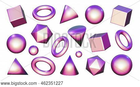 3d Pink Metal Neon Gradient Shapes Render. Vector Abstract Element Set Of Shere And Ball, Cube And C