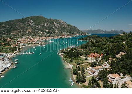 Popular Tourist Destination. Bay With Boats On Lefkada Island. Nydri Village.
