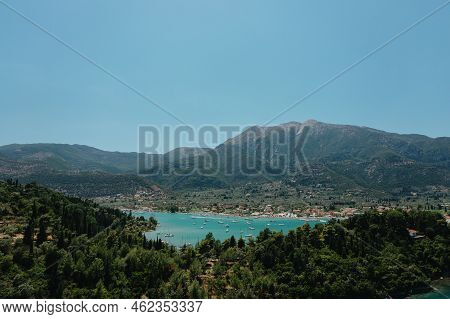 Popular Tourist Destination. Bay With Boats On Lefkada Island. Nydri Village.