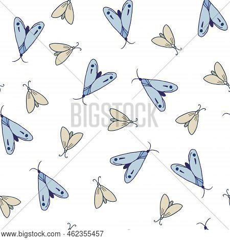 Blue And Gray Butterflies Isolated On White Background Seamless Pattern. Hand Drawn Bugs Repeating P