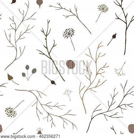 Botanical Hand Drawn Brown Branches Seamless Pattern