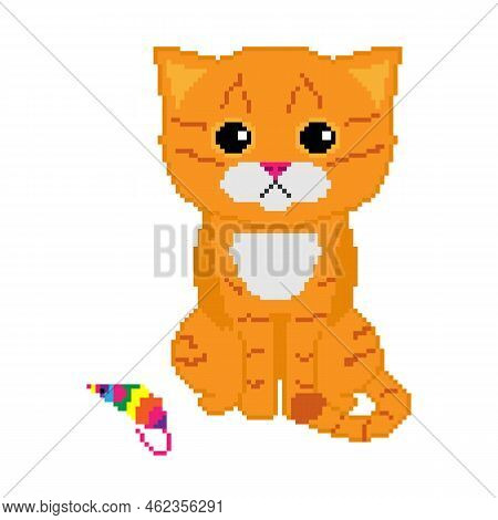 8bit Pixel Art Of A Cute Ginger Cat With A Rainbow Mouse
