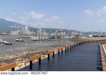 New taipei, Taiwan 08 September 2022: Low tide of the tamshui river in Taiwan Bail
