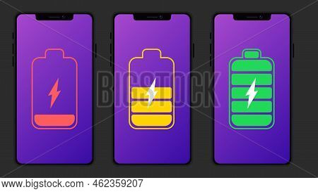 Battery Charging Process. Different Battery Charge Level. Discharged, Charging And Fully Charged Bat