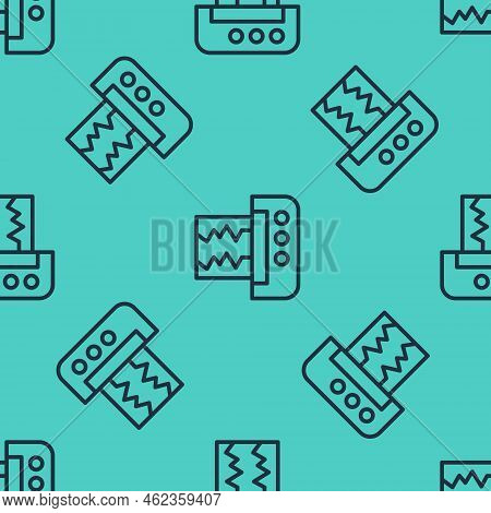 Black Line Seismograph Icon Isolated Seamless Pattern On Green Background. Earthquake Analog Seismog