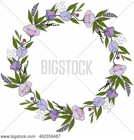 Botanical Purple Hand Drawn Wreath Isolated On White Background