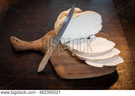 Sliced Giant Puffball In The Kitchen, Tasty Edible Mushroom Ready To Be Fried