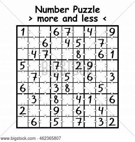 Simple Nine By Nine Sudoku Game With Math Symbols More And Less Vector