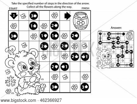Maze Or Labyrinth Game. Puzzle. Coloring Page Outline Of Cartoon Little Bear Cub With Barrel Of Hone