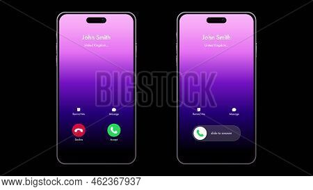 Call Screen Smartphone Interface Vector Template, Mobile App Page Dark Mode Design Layout, Flat Ui F