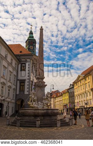 Ljubljana, Slovenia - September 3rd 2022. Robba Fountain In Town Square Or Mestni Trg In Central Lju