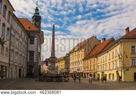 Ljubljana, Slovenia - September 3rd 2022. Robba Fountain In Town Square Or Mestni Trg In Central Lju