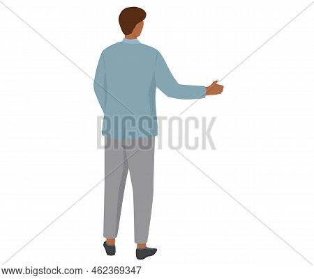 Young Guy Standing And Talking Isolated On White Background. Man Is Looking At Something Behind Him.