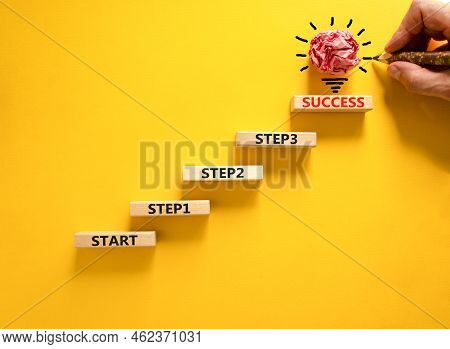 Strat, Step And Success Symbol. Concept Words Start Step 1 2 3 Success On Wooden Blocks On A Beautif