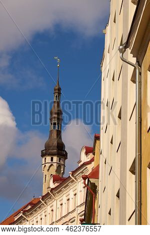 The Tower Of A Medieval Cathedral In The Old Town In Tallinn, Estonia.