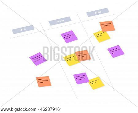 Kanban Board Methodology. Meeting Process, Cards With Tasks On Whiteboard, Teamwork Visualization In