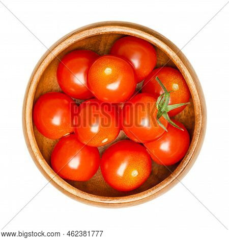 Cherry Tomatoes, In A Wooden Bowl. Fresh And Ripe Type Of Red, Small And Round Cocktail Tomatoes, So
