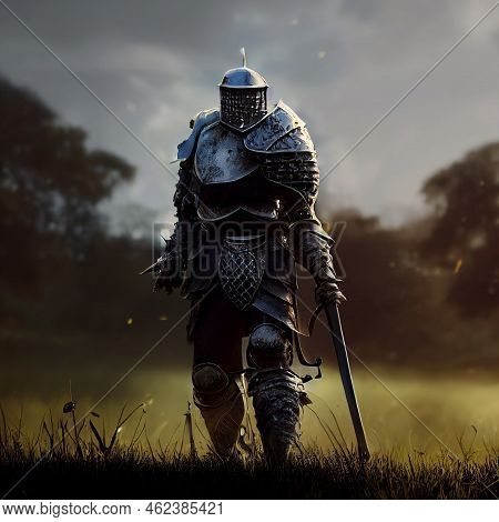 Knight In The Grass Wearing Heavy Armor And Sword