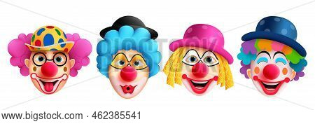 Clown Characters Set Vector Design. Birthday Buffoon And Joker Character With Funny And Happy Facial