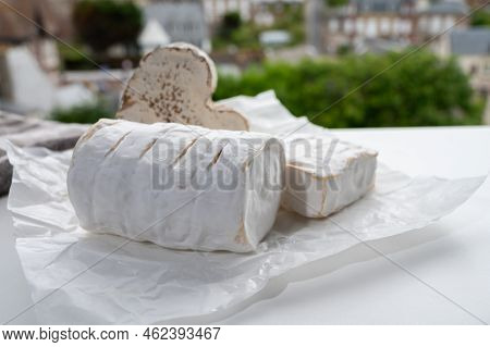 French Cheeses Heartshaped, Squared And Cylindrical Neufchatel Cow Cheese With Mold On White Paper,