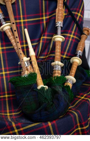 Symbols Of Scotland - Wollen Tartan Textile And Handmade Musical Instrument Bagpipes