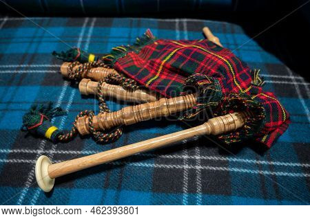 Symbols Of Scotland - Wollen Tartan Textile And Handmade Musical Instrument Bagpipes