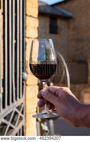Tasting Of Red Wine By Old Wine Maker In Pierres Dorées Region With Yellow Stone Houses On South Of