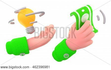 Hand With Light Bulb And Money. 3d Render Icon Set Isolated On White Background. Human Character Off