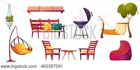 Backyard Or Patio Furniture For Relax And Cooking Grill For Bbq. Garden Bench, Hammock, Bean Bag Cha