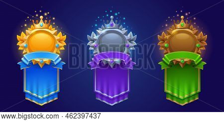 Game Frames For Avatar Or Level Rate. Empty Gold, Silver And Bronze Award Badges With Royal Banners,