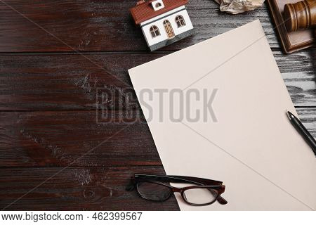 Flat Lay Composition With Last Will And Testament On Wooden Table. Space For Text