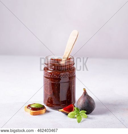 Autumn Preserves From Local Produce, Fig Jam Or Fig Marmalade On Light Grey Table With Fresh, Ripe F