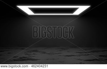 Square Frame Neon White Light For Product Background Stage Or Podium Pedestal On Grunge Street Floor