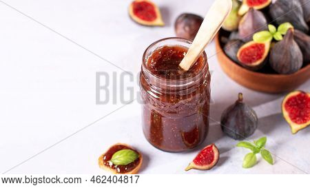 Autumn Preserves From Local Produce, Fig Jam Or Fig Marmalade On Light Grey Table With Fresh, Ripe F