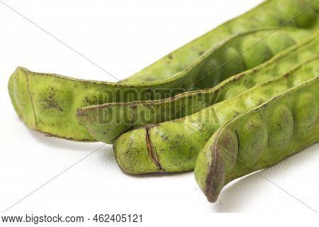Parkia Speciosa ( Petai, Bitter Bean, Twisted Cluster Bean, Stinker Or Stink Bean) On White Backgrou