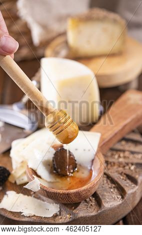 Pecorino Cheese With Truffle, Traditional Italian Sheeps Milk Cheese With Truffle. A Typical Product