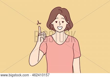 Smiling Young Woman Point Up With Finger Generate Good Business Idea Or Thought. Happy Female Show G