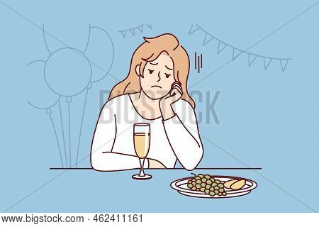 Bored Young Woman Sit Alone At Party Lack Communication. Unhappy Stressed Girl Feel Lonely At Celebr
