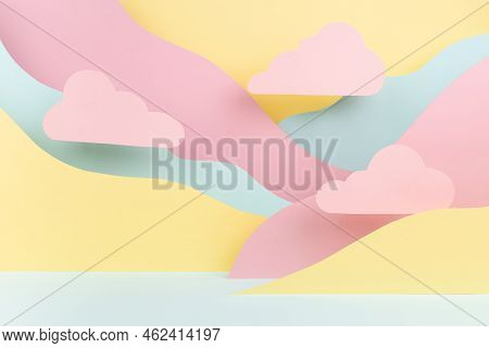 Bright Abstract Stage Mockup - Paper Landscape With Pastel Pink Clouds, Mountains Pink, Yellow, Mint
