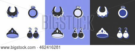Set Earrings, Necklace, King Crown And Diamond Engagement Icon. Vector