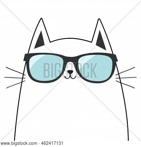 White Cat Wearing Sunglasses Eyeglasses. Blue Lenses. Black Contour Line Outline. Cute Cartoon Kawai