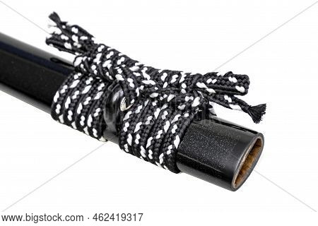 Close Up Shot Of Sageo - Thick Black-white Silk Rope For Tying The Scabbard Of Japanese Swords. It W
