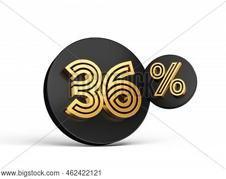 Royal Gold Modern Font. Elite 3d Digit Letter 36% Thirty Six Percent On Black 3d Button Icon 3d Illu