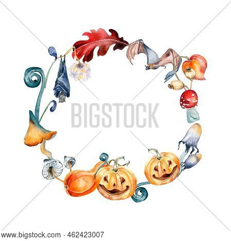 Halloween Wreath With Colorful Pumpkins Watercolor Illustration Isolated On White.