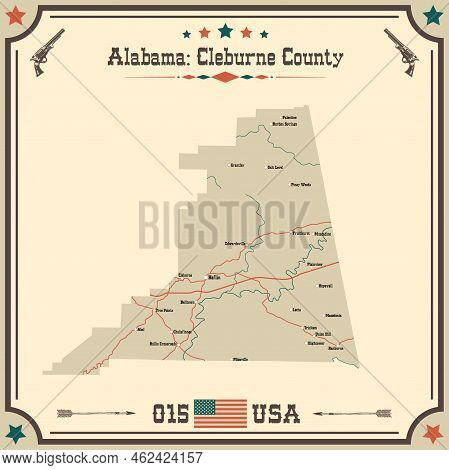Large And Accurate Map Of Cleburne County, Alabama, Usa With Vintage Colors.