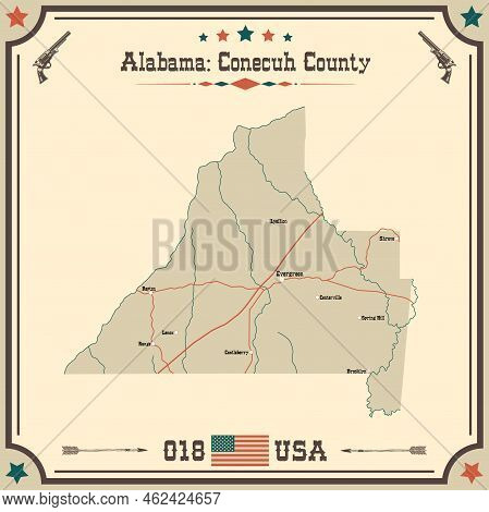 Large And Accurate Map Of Conecuh County, Alabama, Usa With Vintage Colors.