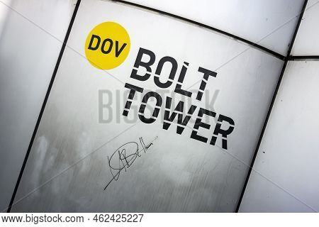 Ostrava, Czech Republic - September 23, 2020: Signature Of Usain Bolt Runner At Bolt Tower At Dov In