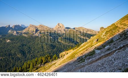 Dolomites Panoramic View At Morning Sunrise Time. Ra Gusela, Averau And Nuvolau Peaks. Italy